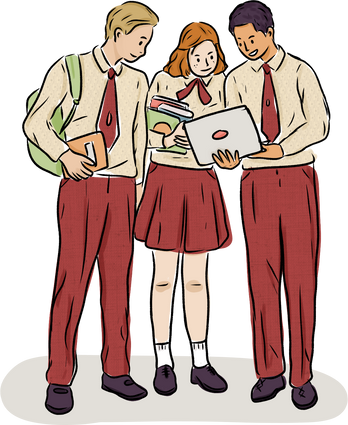 Loose Scribbly Patterned School Teen Students Full Body Looking at Laptop in Uniform